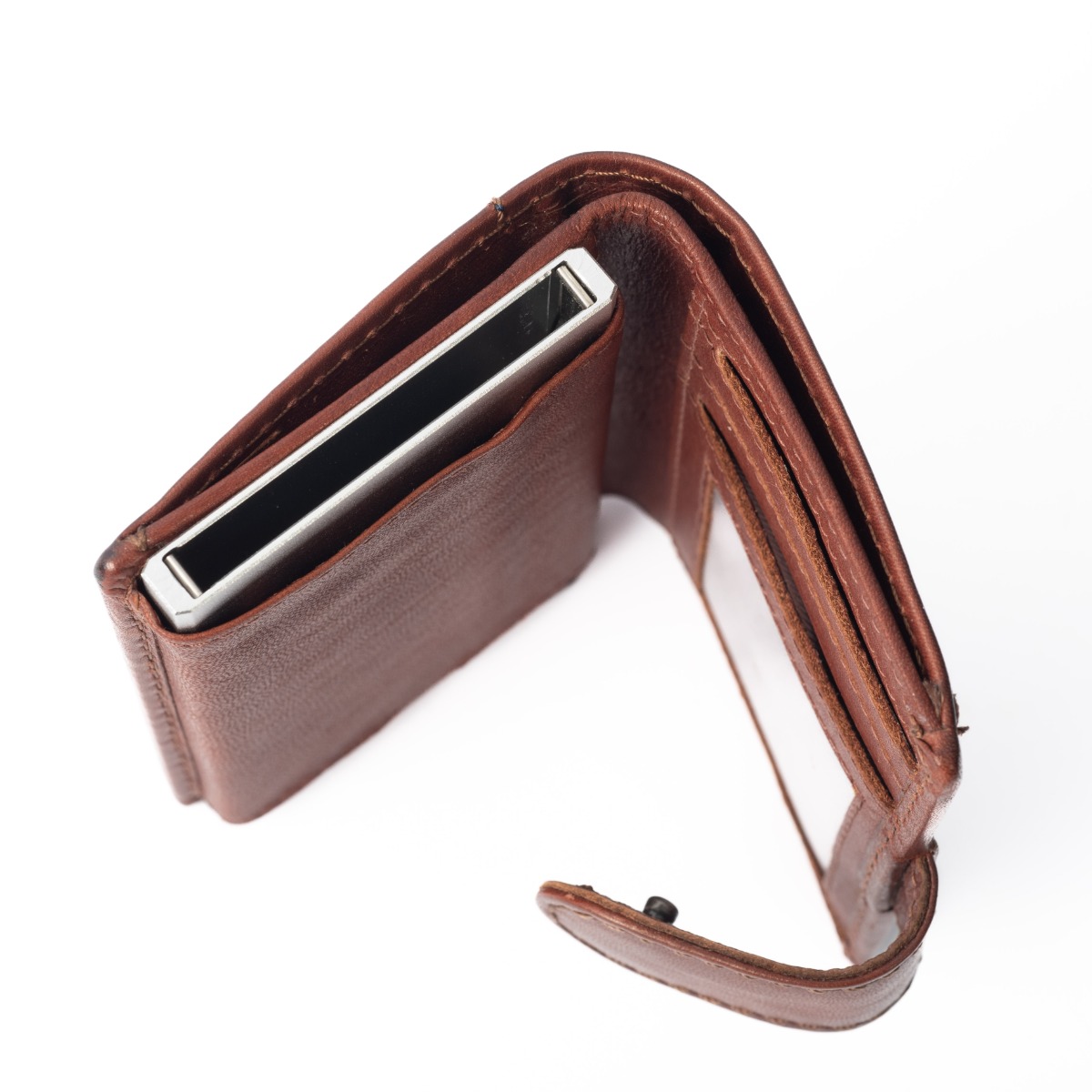 Δερμάτινο πορτοφόλι πιστωτικών καρτών με θήκη αλουμινίου καφέ