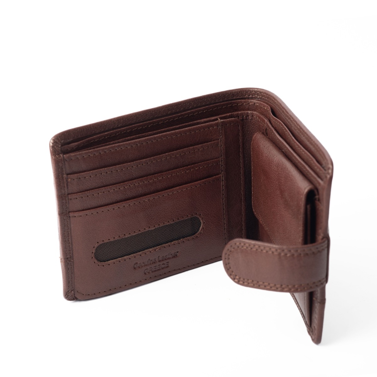 Δερμάτινο πορτοφόλι με καρτοθήκη και εξωτερικό κούμπωμα καφέ
