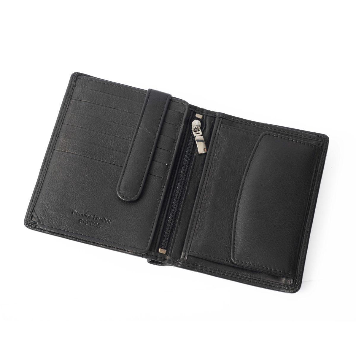 Δερμάτινο πορτοφόλι με καρτοθήκη, εσωτερικό φερμουάρ και θήκη για κέρματα μαύρο