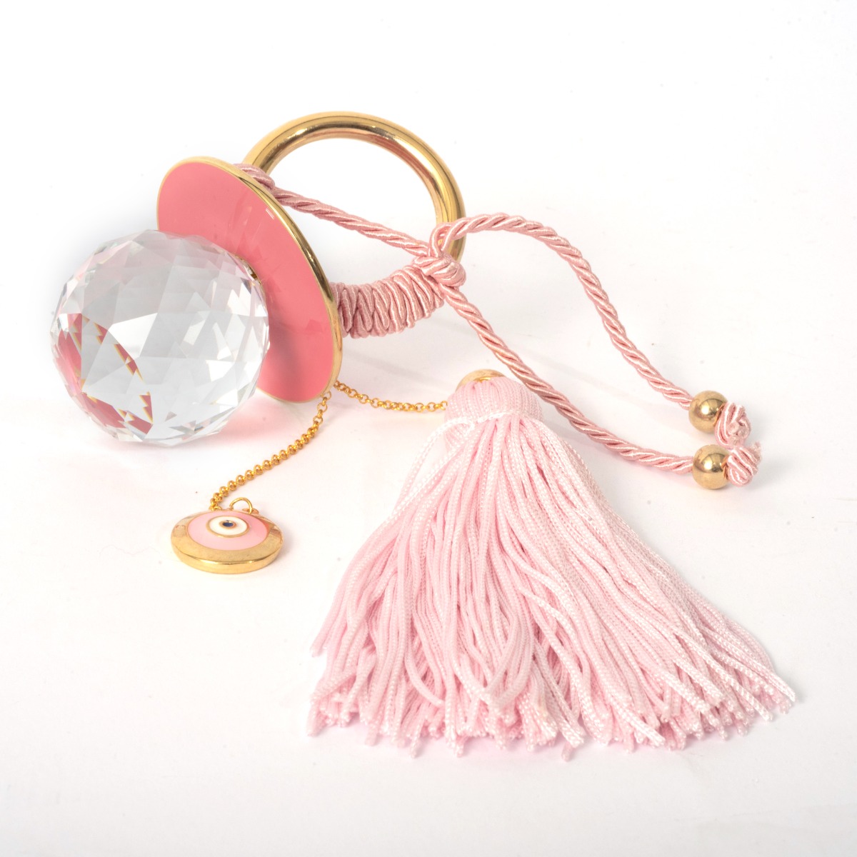 Παιδικό γούρι ορείχαλκος, κίτρινο επιχρύσωμα 24Κ, πιπίλα κρύσταλλος και μάτι από σμάλτο