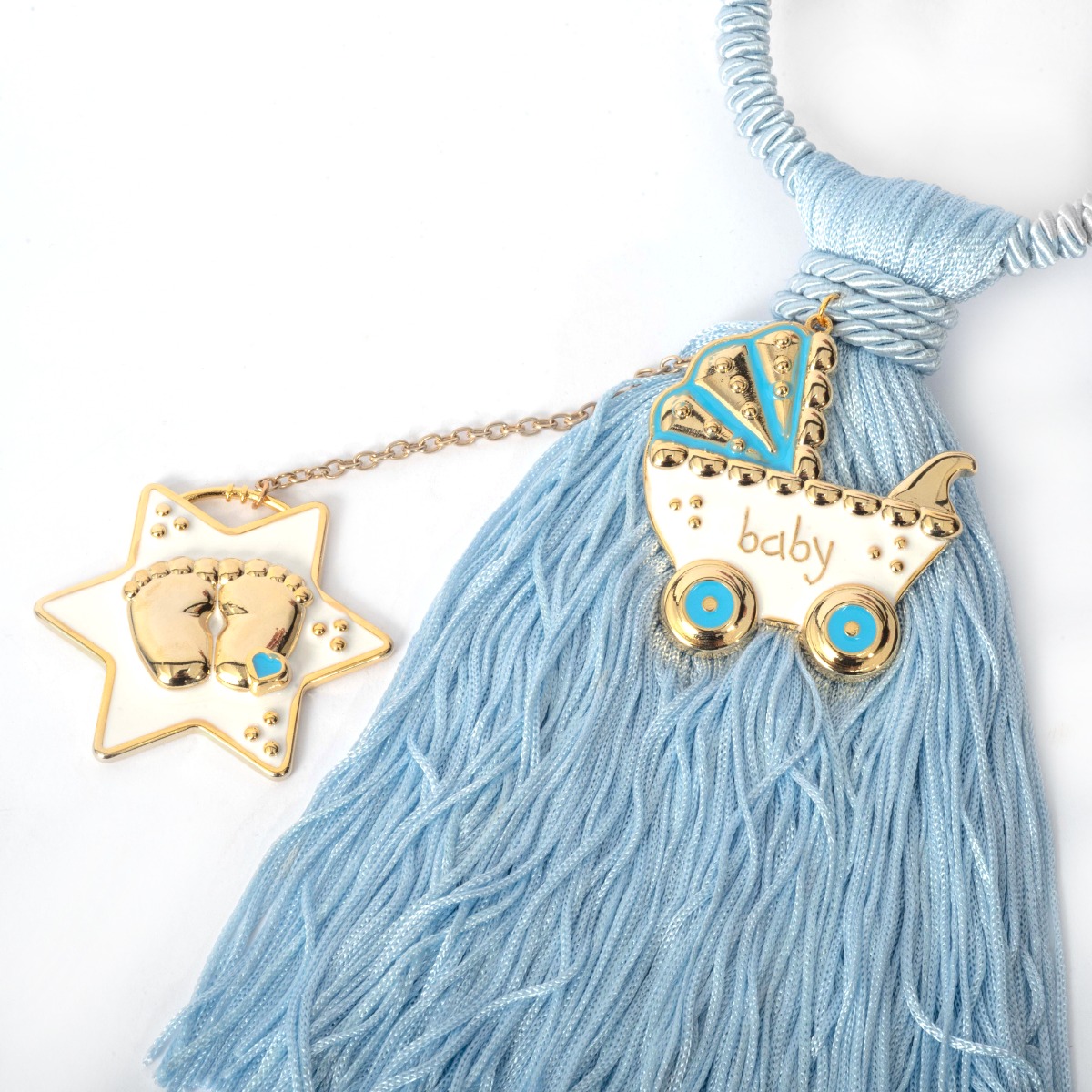 Παιδικό γούρι κρεμαστό με καροτσάκι και αστέρι με πατουσάκια από ορείχαλκο και σμάλτο, κίτρινο επιχρύσωμα 24Κ