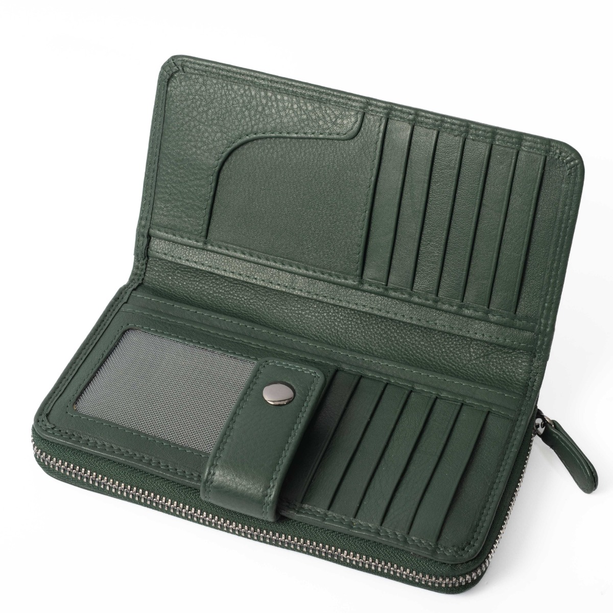 Δερμάτινο πορτοφόλι με φερμουάρ και κούμπωμα πράσινο