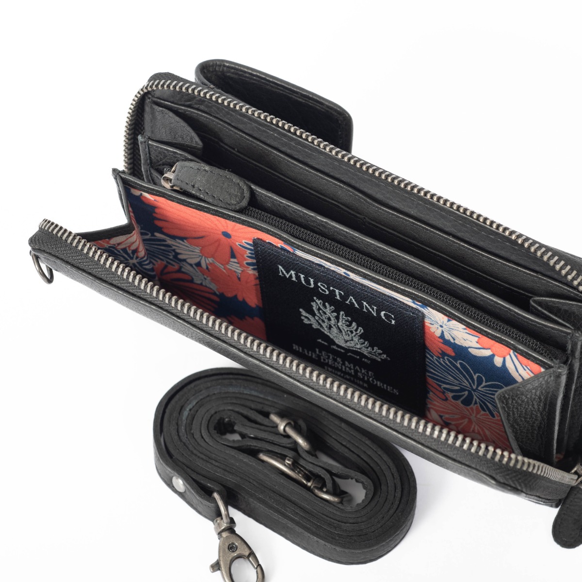 Τσαντάκι πορτοφόλι με θήκη για κινητό δερμάτινο Mustang μαύρο