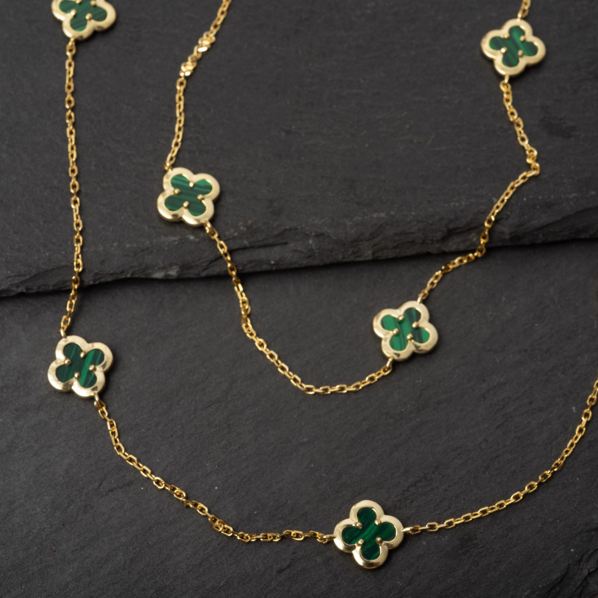 Κολιέ ασήμι 925 μακρύ με λουλούδια από Μαλαχίτη.